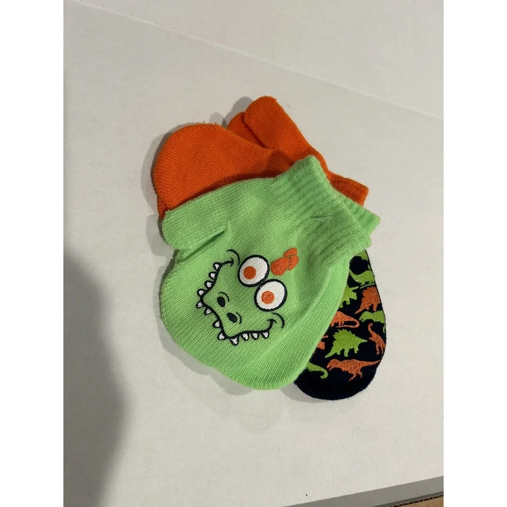 Dinosaur Mittens 3‎ Pair Super Cute Orange Lime Green Black Toddler New! BxMM